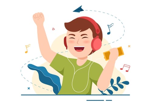 MP3 Player with Headphones, Headset and Phone of Music Listening Devices in Mobile App on Flat Cartoon Hand Drawn Templates Illustration
