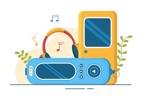 MP3 Player with Headphones, Headset and Phone of Music Listening Devices in Mobile App on Flat Cartoon Hand Drawn Templates Illustration