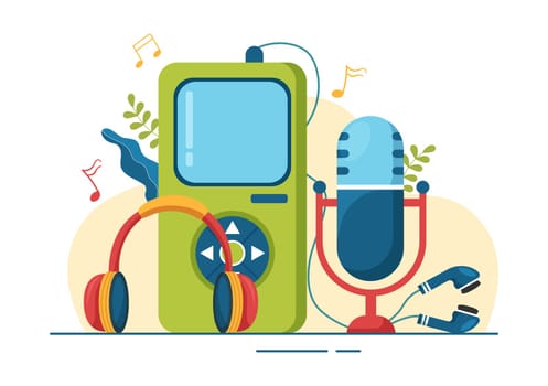 MP3 Player with Headphones, Headset and Phone of Music Listening Devices in Mobile App on Flat Cartoon Hand Drawn Templates Illustration
