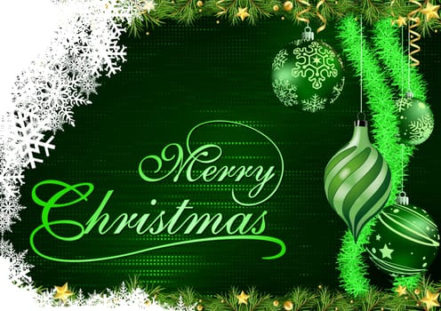 Green Christmas Greeting Card with Christmas Ornaments on Halftone Patterned Background - Abstract Colorful Illustration