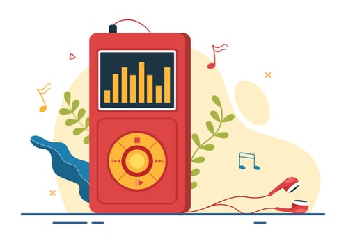 MP3 Player with Headphones, Headset and Phone of Music Listening Devices in Mobile App on Flat Cartoon Hand Drawn Templates Illustration