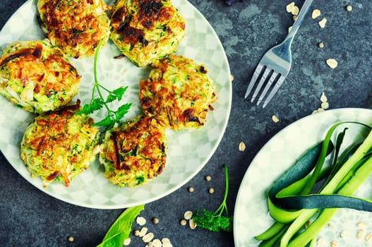 Vegan rissole from zucchini, oatmeal and greens. Healthy food