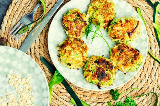 Vegan rissole from zucchini, oatmeal and greens. Healthy food