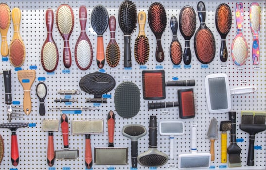 Merida, Spain - Oct 23th, 2022: Dog care tools for sell at exhibition enclosure. Canine International Exhibition