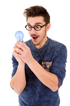 young casual man with a lamp, isolated on white