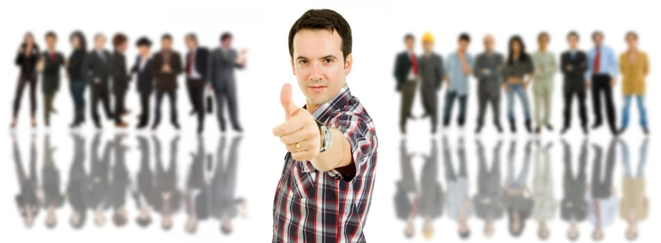 an young man in front of a group of people, isolated