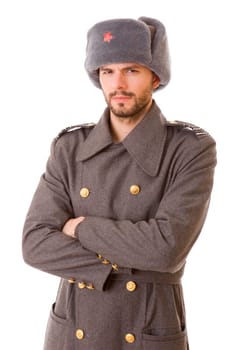 young man dressed as russian military, studio picture