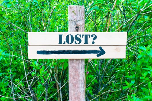 LOST written on Directional wooden sign with arrow pointing to the right against green leaves background. Concept image with available copy space