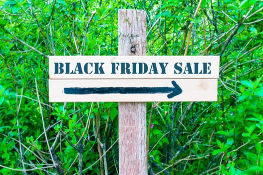 BLACK FRIDAY SALE written on Directional wooden sign with arrow pointing to the right against green leaves background. Concept image with available copy space