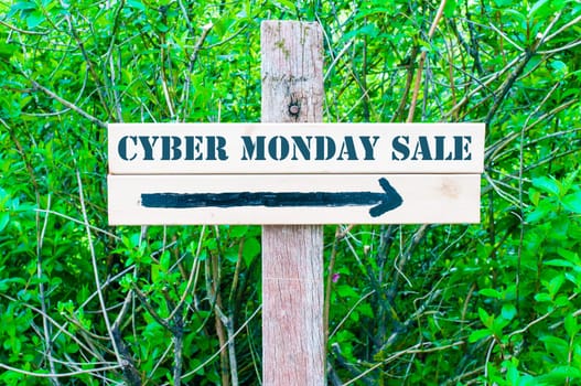 CYBER MONDAY SALE written on Directional wooden sign with arrow pointing to the right against green leaves background. Concept image with available copy space