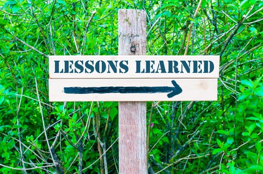 LESSONS LEARNED written on Directional wooden sign with arrow pointing to the right against green leaves background. Concept image with available copy space