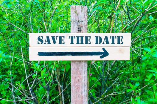 SAVE THE DATE written on Directional wooden sign with arrow pointing to the right against green leaves background. Concept image with available copy space