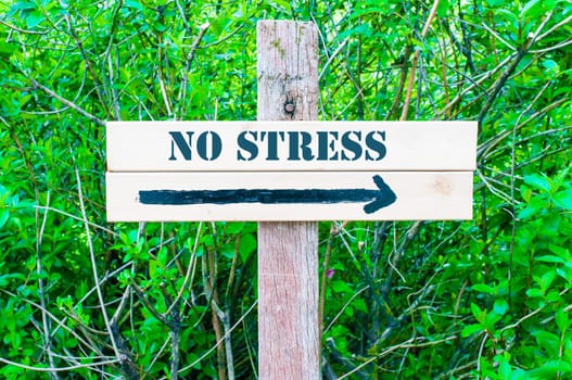 NO STRESS written on Directional wooden sign with arrow pointing to the right against green leaves background. Concept image with available copy space