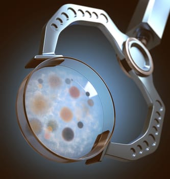 Robot hand holding a petri dish with colonies of bacteria and fungi. 3D image with depth of field.