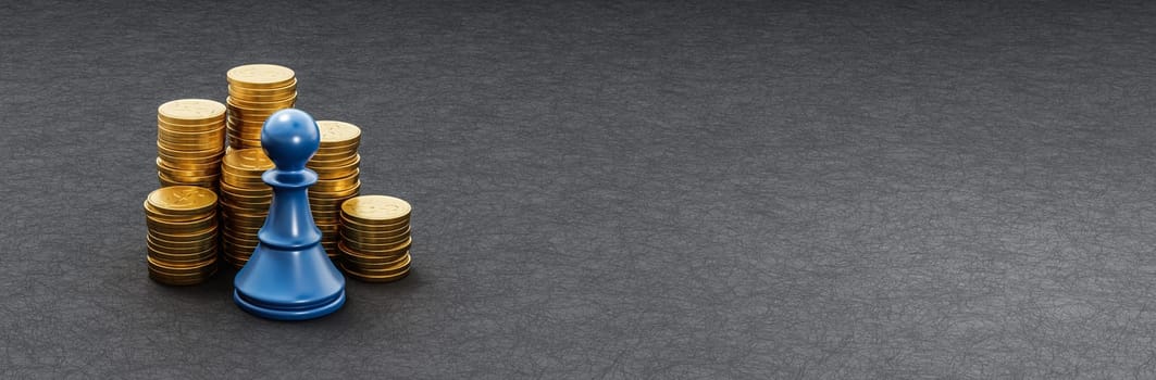 Blue Chess Pawn ahead of Stacks of Golden Coins on Dark Background with Copy Space 3D Render Illustration, Sports Business Concept