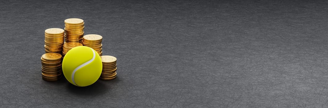 Tennis Ball ahead of Stacks of Golden Coins on Dark Background with Copy Space 3D Render Illustration, Sports Business Concept