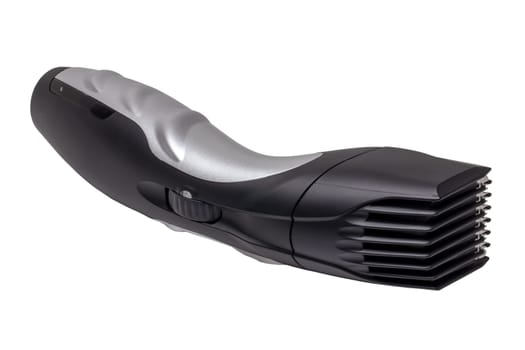 Close-up of a new black silver rechargeable beard and hair clipper isolated on a white background. Clipping path. Cordless hair and beard trimmer. Macro.