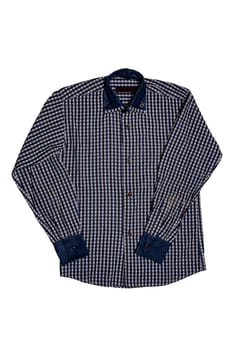 Checked shirts. Close-up of a blue gray and white tartan or plaid shirt for mens isolated on a white background. Clipping path. Summer fashion of mans clothes.