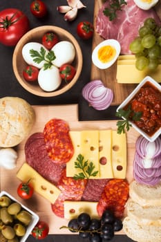 Gourmet breakfast appetizer platter is serving on table in restaurant, food service and luxury food ingredients concept.