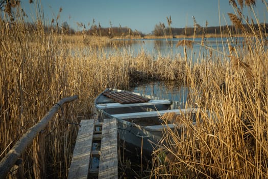 A small boat in the reeds of the lake, spring view