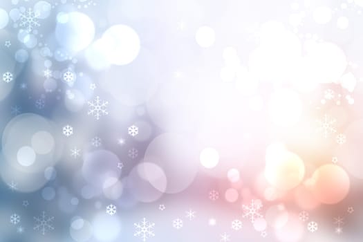 Abstract blurred festive delicate winter christmas or Happy New Year background with shiny blue orange and white bokeh lighted stars and snowflakes. Space for your design. Card concept.