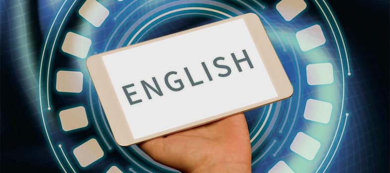 Text caption presenting English, Business overview possible communication between countries the only common language
