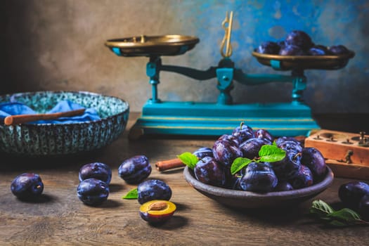 Freshly picked prune plums (Zwetschgen) fruits in bowl