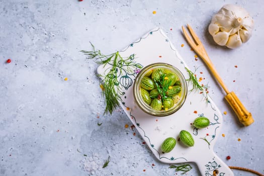 Homemade food: Pickled cucamelons (pickled cucumbers, pickled gherkins), grown in a organic kitchen