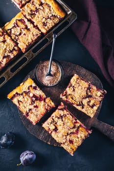 German plum cake (Zwetschgenkuchen) with yeast dough and crumbles