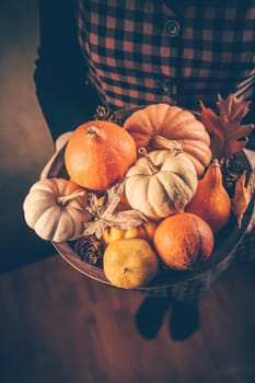 Thanksgiving and Halloween concept. Woman holding bowl decorated with pumpkins