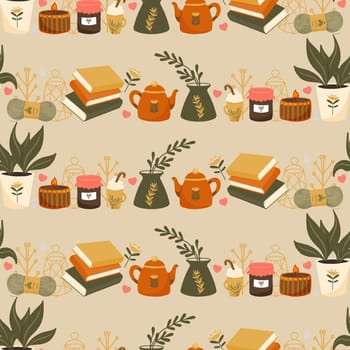 Hygge Autumn and winter pattern border design. Cute and cosy vector seamless repeat banner. Illustration of scarfs, mittens, coffee, winter woodland foliage and stars