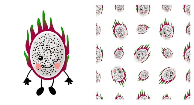 pitaya. Exotic fruit. citrus character and seamless pattern. Vector illustration. dragon fruit