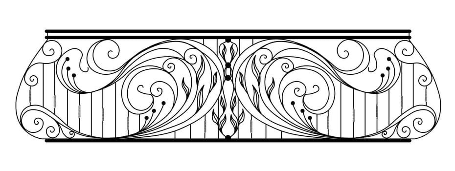 wrought iron balcony. Black metal railing with forged ornaments on a white background. entrance to the terrace decorated with steel vector. Antique vintage object of architecture, facade black victori