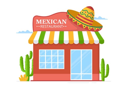 Mexican Food Restaurant with Various of Delicious Traditional Cuisine Tacos, Nachos and Other on Flat Cartoon Hand Drawn Templates Illustration