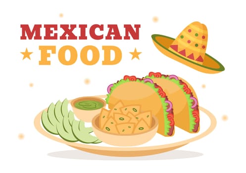 Mexican Food Restaurant with Various of Delicious Traditional Cuisine Tacos, Nachos and Other on Flat Cartoon Hand Drawn Templates Illustration