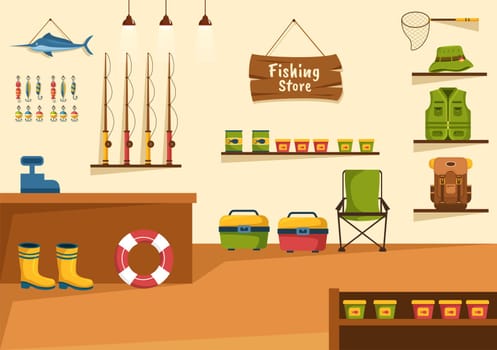 Fishing Shop Selling Various Fishery Equipment, Bait, Fish Catching Accessories or Items on Flat Cartoon Hand Drawn Templates Illustration