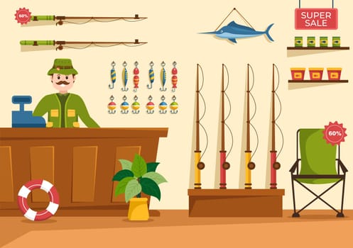 Fishing Shop Selling Various Fishery Equipment, Bait, Fish Catching Accessories or Items on Flat Cartoon Hand Drawn Templates Illustration