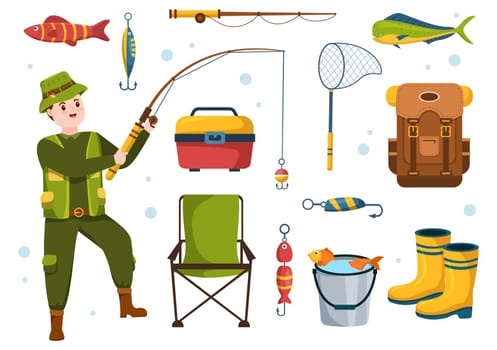 Fishing Shop Selling Various Fishery Equipment, Bait, Fish Catching Accessories or Items on Flat Cartoon Hand Drawn Templates Illustration