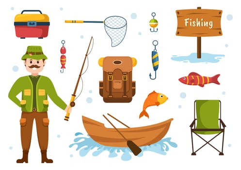 Fishing Shop Selling Various Fishery Equipment, Bait, Fish Catching Accessories or Items on Flat Cartoon Hand Drawn Templates Illustration