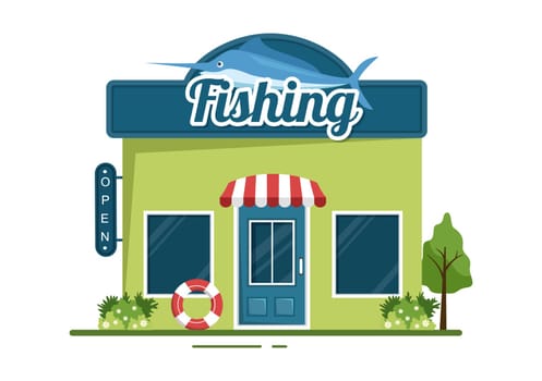 Fishing Shop Selling Various Fishery Equipment, Bait, Fish Catching Accessories or Items on Flat Cartoon Hand Drawn Templates Illustration