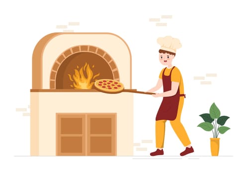 Italian Food Restaurant or Cafeteria with Chef Making Traditional Italian Dishes Pizza in Hand Drawn Cartoon Template Illustration