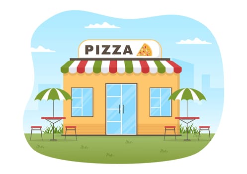 Italian Food Restaurant or Cafeteria with Chef Making Traditional Italian Dishes Pizza in Hand Drawn Cartoon Template Illustration
