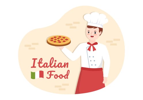 Italian Food Restaurant or Cafeteria with Chef Making Traditional Italian Dishes Pizza in Hand Drawn Cartoon Template Illustration