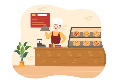 Italian Food Restaurant or Cafeteria with Chef Making Traditional Italian Dishes Pizza in Hand Drawn Cartoon Template Illustration