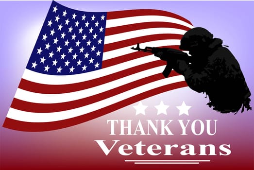 Silhouette of an American soldier on the background of the flag of the United States and the inscription Thank you Veterans. Vector image. The concept of veterans day, memorial day.