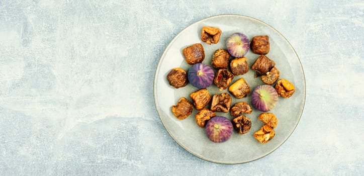 Fig ripe fruits, dried figs. Dried fruit, autumn harvest. Flat lay with copy space