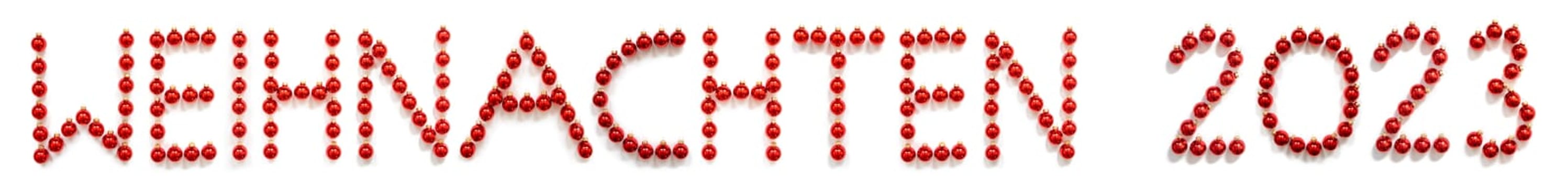 Red Christmas Ball Ornament Building German Word Weihnachten 2023 Means Christmas 2023. Festive Christmas Decoration. White Isolated Background