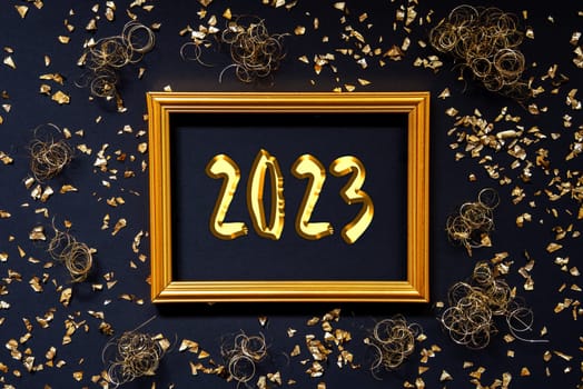 Frame With Text 2023. Golden Christmas Decoration And Ornament. Black Background With Glitter And Sparkle