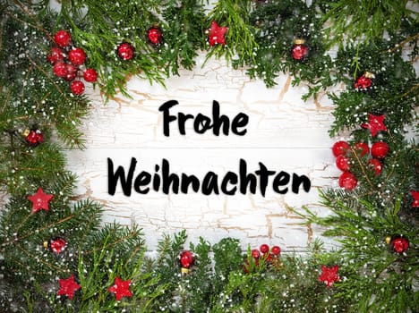 Christmas Card With Fir Branches And German Text Frohe Weihnachten Means Merry Christmas. White Wooden Background With Vintage Design, Christmas Decoration Like Red Ornament Balls And Snowflakes.
