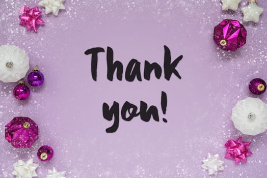 Christmas Card With English Text Thank You. Purple Christmas Background With Romantic And Brilliant Decoration Like Balls And Snowflakes